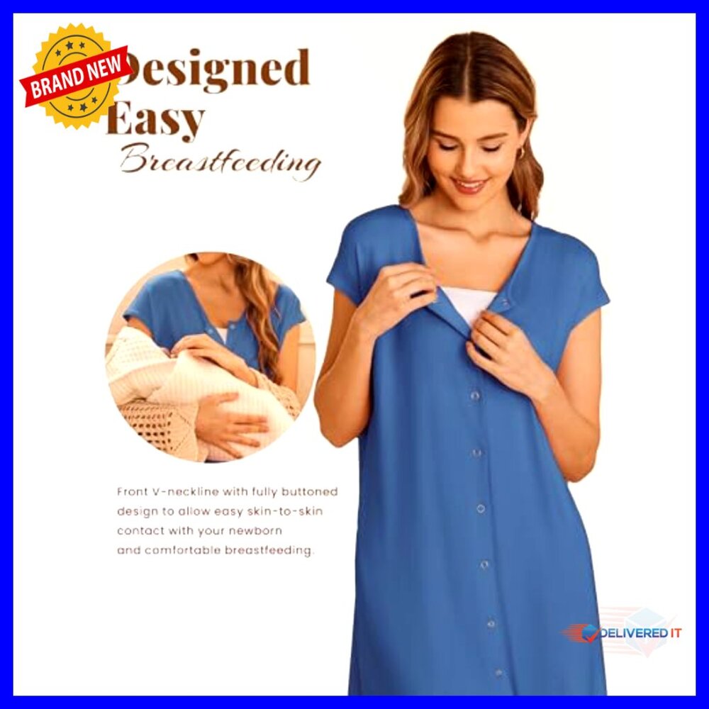Maternity Nursing Nightgown with Pockets, Front Buttons, Size Large - Picture 3 of 7